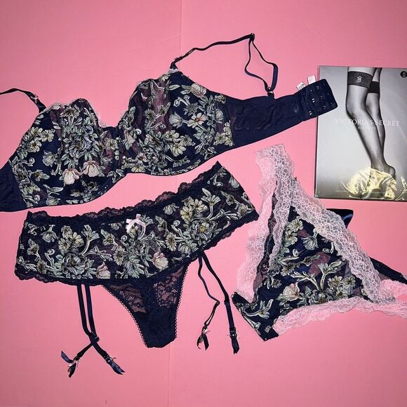 Victoria's Secret Other - Victoria's Secret unlined 32C,32DDD BRA SET garter thong NAVY BLUE pink applique